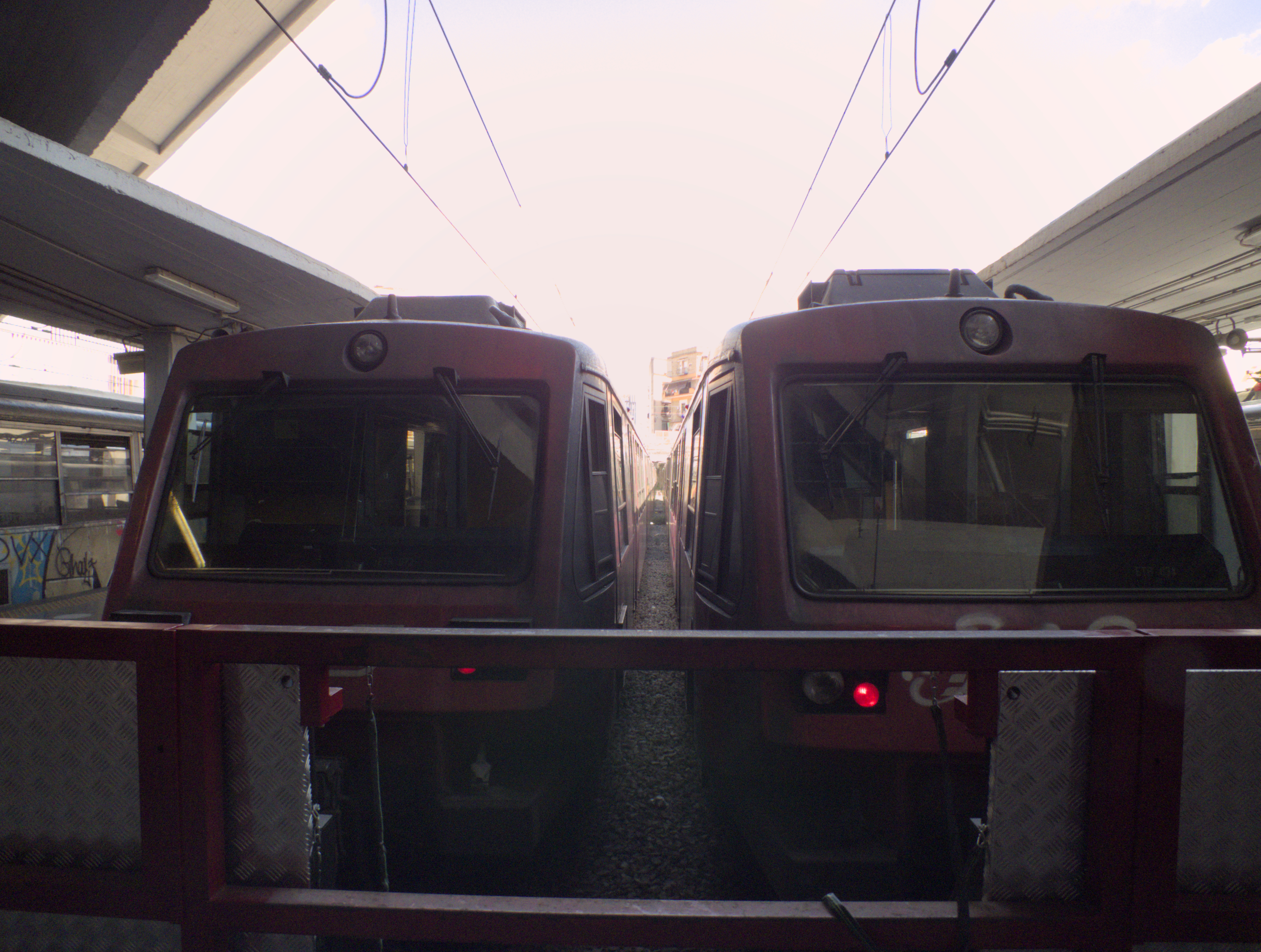 Two FE220 trains at Napoli Porta Nolana station on the Circumvesuviana railway